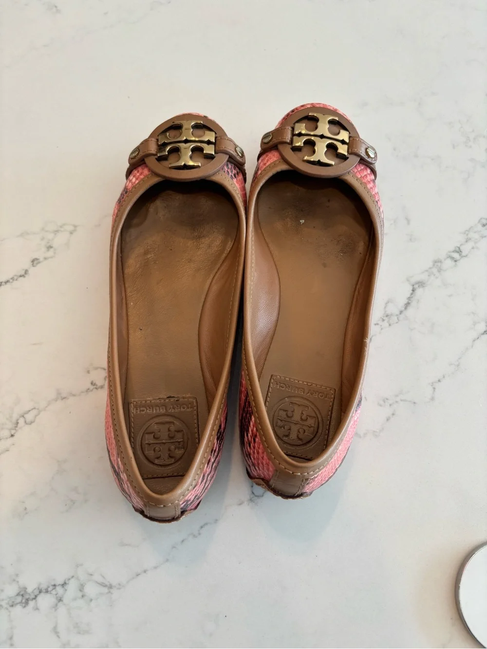 Tory Burch Pink Snakeskin-Print Leather Logo Ballet Flats with Tan Trim CT